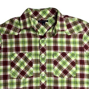 Banana Republic Green Brown Plaid Western Pearl Snap Shirt Boho Cowboy Grunge